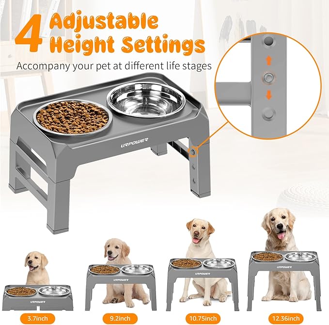 URPOWER Raised Dog Bowls 4 Height Adjustable Elevated Bowl Stand with Stainless Steel Water Bowl Non-Slip Dog Food Bowls Stand for Small Medium Large Dogs and Pets