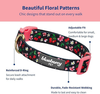 Blueberry Pet Cherry Garden Black Adjustable Dog Collar with Dainty Flowers, X-Small, Neck 8"-11"
