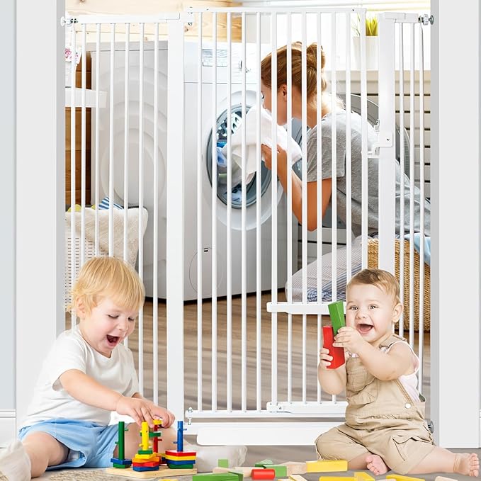 SHYUJAJIE 55 Inch Extra Tall Pet Gate with Small Cat Door,29.55"-46.06" Adjustable Wide Dog Gate, Tall Cats Gates for Doorway, Stairs, House(White)