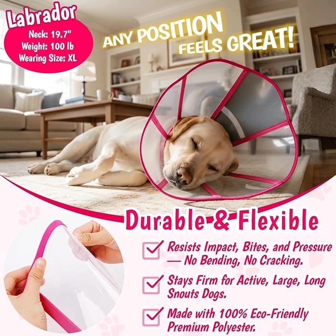 Comfy Dog Cone Collar for Dogs to Stop Licking, Soft Transparent E Collar for Small Dogs After Surgery, Extra-Long Recovery Cones, Durable & Easy-Clean Pet Neck Collars, Lightweight Cone(Rosered, S)