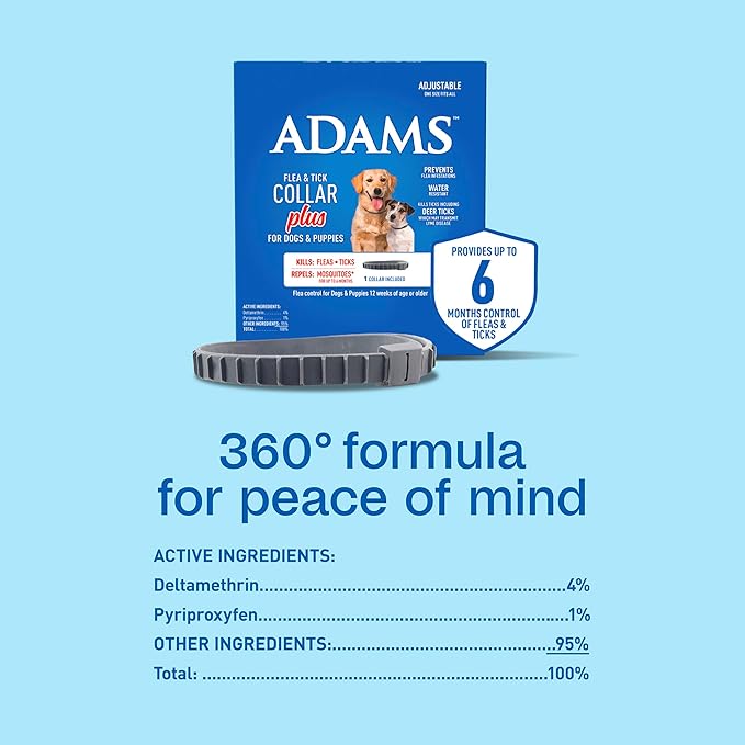 ADAMS Flea & Tick Collar Plus for Dogs & Puppies, 12 Months Protection Against Flea Infestations, Kills Fleas & Ticks, Repels Mosquitoes for Up to 6 Months (Excl. California), One Size Fits All, 1 ct