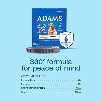 ADAMS Flea & Tick Collar Plus for Dogs & Puppies, 12 Months Protection Against Flea Infestations, Kills Fleas & Ticks, Repels Mosquitoes for Up to 6 Months (Excl. California), One Size Fits All, 1 ct