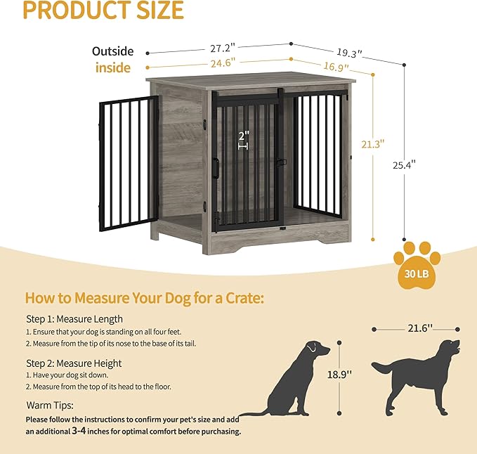 Hzuaneri 27.2" Dog Crate Furniture with Barn Door, Heavy Duty Dog Kennel Indoor with 2 Doors, Wooden Pet Cage End Table for Small Medium Dogs up to 22 lb, Anti-Chew Anti-Escape, Greige DFC84305B