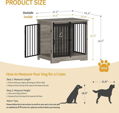 Hzuaneri 27.2" Dog Crate Furniture with Barn Door, Heavy Duty Dog Kennel Indoor with 2 Doors, Wooden Pet Cage End Table for Small Medium Dogs up to 22 lb, Anti-Chew Anti-Escape, Greige DFC84305B