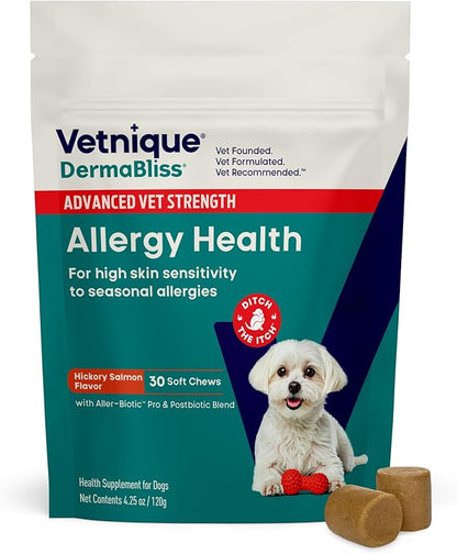 Vetnique DermaBliss Dog Allergy Chews for Seasonal Allergy Itch Relief, Skin & Gut Health with Probiotics and Omega 3 Blend - Advanced or Regular Strength (30ct, Advanced Strength Chews)