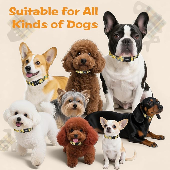 Kazazoo Dog Collar Cute and Soft Nylon Puppy Collar for Boy and Girl, Adjustable Dog Collars for Small Medium Dogs, Yellow&Blue Plaid-S
