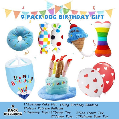 lilfrd Dog Birthday Toy Set, 9Pcs Plush Pet Toy for Small Dogs, Includes Squeaky Cake Hat, Bandana, Dessert Themed Toys, Balloons, for Dog Birthday Party