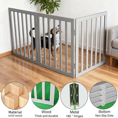 ZJSF Freestanding Indoor Dog Gate for House Foldable Wood Grey Puppy Gate for Doorways Pet Gate for Stairs Extra Wide Pet Fence 32" Height 3 Panels