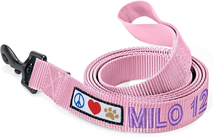 Pawtitas Personalized 6 ft Millennial Pink Dog Leash XS/S Custom Name and Phone Embroidery Strong Nylon Leash for Small Breeds