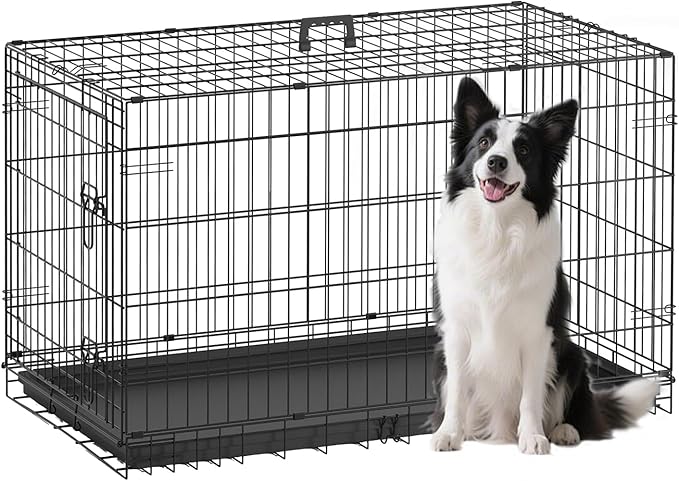 FDW Large Dog Crate 42inch Dog Cage Foldable Metal Kennel with Leakproof Tray Foldable Design Indoor Outdoor Use for Large Dogs,Black