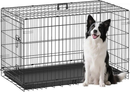 FDW Large Dog Crate 42inch Dog Cage Foldable Metal Kennel with Leakproof Tray Foldable Design Indoor Outdoor Use for Large Dogs,Black