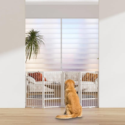 SNUOWU Full Metal Freestanding Dog Gate with Door, 36''Height Foldable Pet Dog Fence for Indoor & Outdoor, 4 Panels Extra Wide Free Standing TallDog Gates for Doorways,House,Stairs,Porch,Deck,Yard
