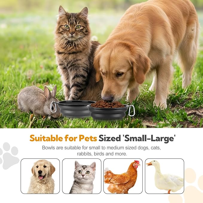 Collapsible Dog Bowl Large 2 Pack, Dog Water Bowls for Travels, Portable Foldable Pet Bowls Feeding Watering Dish for Parking Walking Camping with 2 Carabiners Clip (34oz, Large,Black+Grey)