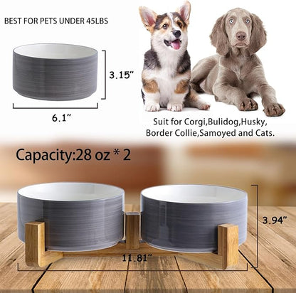 Petygooing Dog Bowls,Ceramic Cat Dog Bowl Set with Wood Stand for Food and Water,Non-Slip Weighted Cute Pet Dish Set for Cats and Medium Size Dogs (28OZ/6.1 in) Grey White