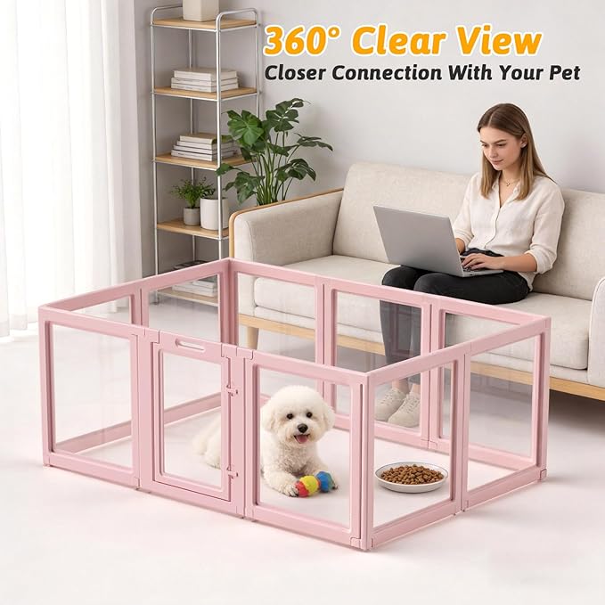 DIY Clear Acrylic Dog Playpen House,Quick Easy Assembly and Disassembly,Strong Floor Suction,Indoor and Outdoor Use,Easy Cleansing Puppy Fence (Skin Pink, 23.6" H, 10PCS)