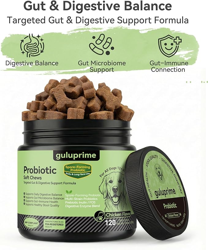 Probiotic Soft Chews for Dogs – Daily Gut & Digestive Support, Spore-Forming Probiotic with Multi-Strain Lactobacillus, Prebiotic Inulin/FOS, Chicken Flavor, 120 Chews