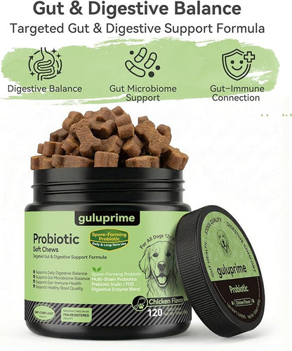 Probiotic Soft Chews for Dogs – Daily Gut & Digestive Support, Spore-Forming Probiotic with Multi-Strain Lactobacillus, Prebiotic Inulin/FOS, Chicken Flavor, 120 Chews
