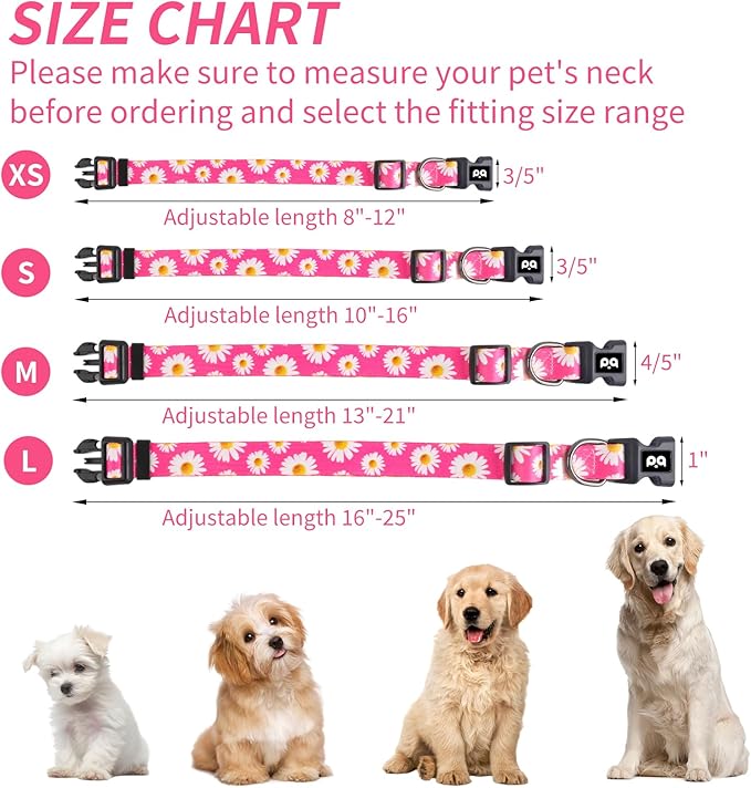 QQPETS Adjustable Soft Dog Collar: Print Flower Pink Multicolor Cute Patterns for XS Small Medium Large Pet Girl Boy Puppy Walking Running Training (M, Small Daisies)