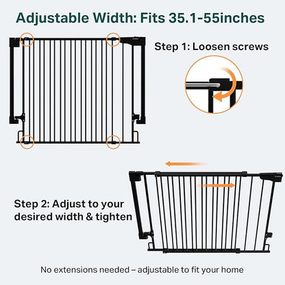 Cumbor 35.1–55" No Bottom Bar Baby Gate for Stairs, 2-in-1 Auto Close Dog Gate Indoor, Hardware Mounted Wide Pet Gate for Doorways with Large Walk Thru Door, Child-Proof Safety Gate for Kids (Black)