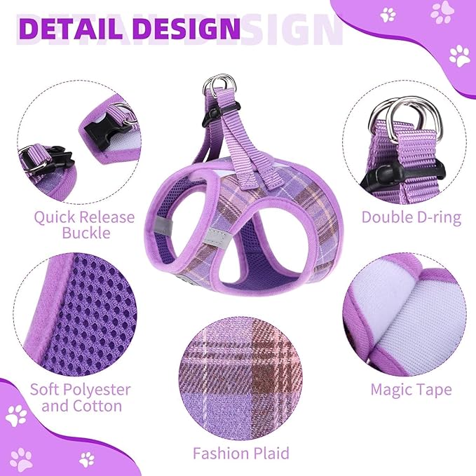 KOOLTAIL Dog Harness for Small Medium Dogs,Dog Harness and Leash Set, Step in No Pull Soft Mesh Padded Adjustable and Reflective Pet Vest Harness Puppy, Plaid Extra Harness for XS S Dogs, Purple S