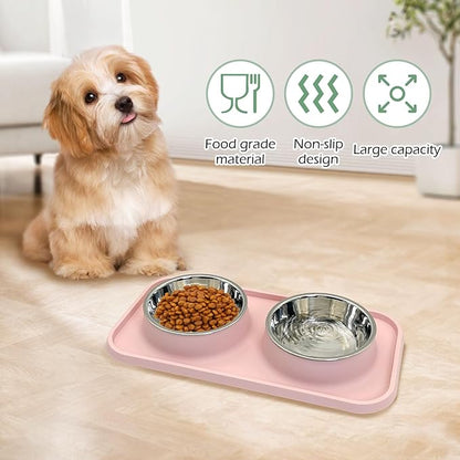 BNOSDM Double Dog Food Bowls Stainless Steel Dog Food and Water Bowls with Non-Spill Plastic Mat Pet Cat Feeder Bowl Set for Puppy Cats Kitten Small Dogs, Dark Green