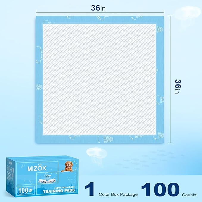 MIZOK Dog Pee Pads 36x36in Jumbo Dog Pads Super Absorbent Up to 11 Cups Marine Scented Odor-Control Pee Pads with Jellyfish Pattern, Quick Dry & Leak-Proof (100 Counts)