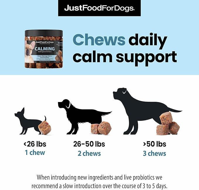 JustFoodForDogs Calming Supplement for Dogs, Human Grade Magnesium and Melatonin Dog Supplements, Promotes Relaxation, Soft Chews, Superfood Blend, Plant Based Dog Vitamins - 45 Count