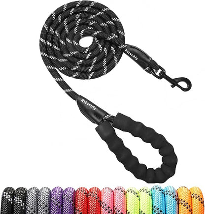 Rttochfy Rope Dog Leash 2/4/5/6/8/10 FT with Comfortable Padded Handle and Highly Reflective Threads for Small Medium and Large Dogs Heavy Duty (1/2"-4 FT, Black)