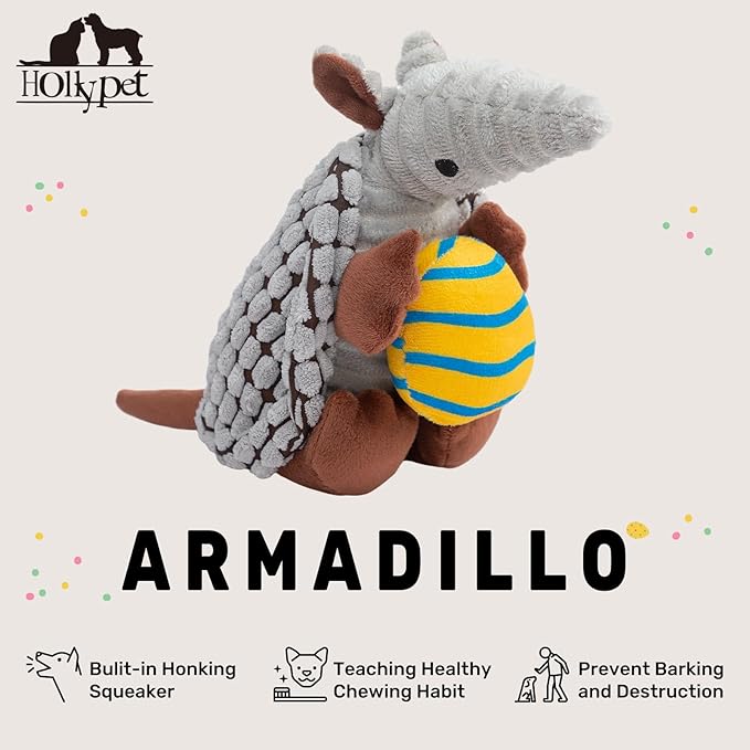 Hollypet Plush Dog Squeaky Toy Stuffed Armadillo Animal Pet Puppy Chew Toys with Clean Teeth for Small Medium Large All Breed Sizes Dogs, Gray, 8 in, Yellow Egg with Blue Stripes