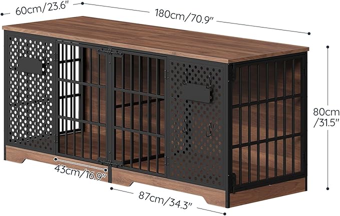 HOOBRO 71" Dog Crate Furniture for 2 Large Dogs, Heavy Duty Indoor Kennel with Removable Divider & Name Tags, TV Stand Cage Furniture for Medium & Large Dogs, Walnut & Black BH84GW03