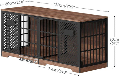 HOOBRO 71" Dog Crate Furniture for 2 Large Dogs, Heavy Duty Indoor Kennel with Removable Divider & Name Tags, TV Stand Cage Furniture for Medium & Large Dogs, Walnut & Black BH84GW03