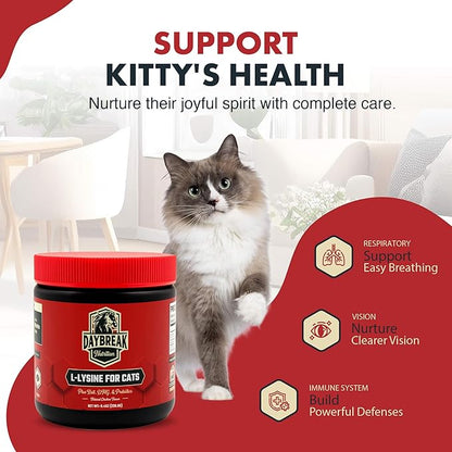 Daybreak Nutrition Lysine for Cats 900mg Powder - L-Lysine with 4 Active Ingredients for Immune and Respiratory Support - Made in USA Feline Supplement with 120 Servings