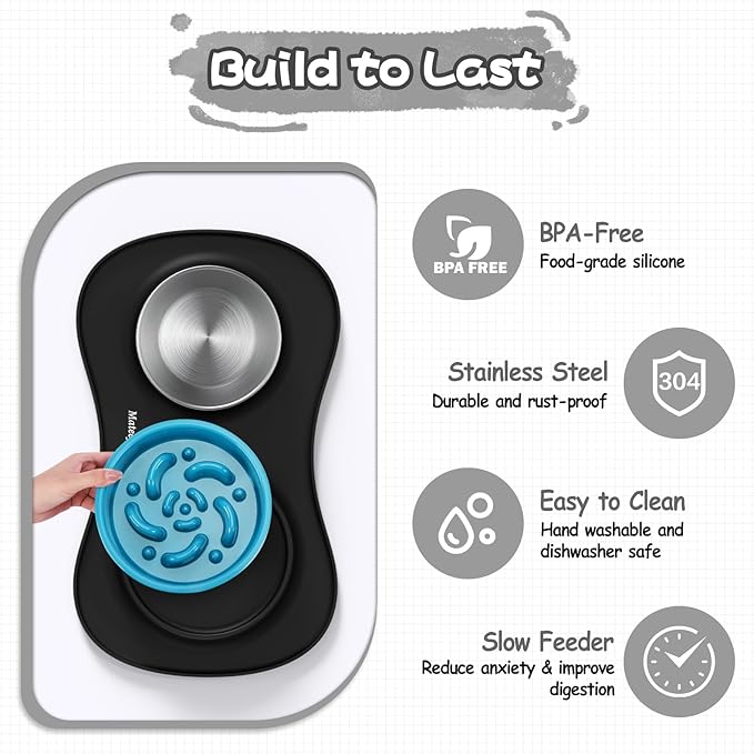 MateeyLife Dog Food and Water Bowl Set 3 in 1, Slow Feeder Dog Bowls & Stainless Steel Water Bowl with Non-Spill Silicone Mat, Cat and Puppy Bowls Pet Dishes for Small Medium Large Breed Anti-Choking