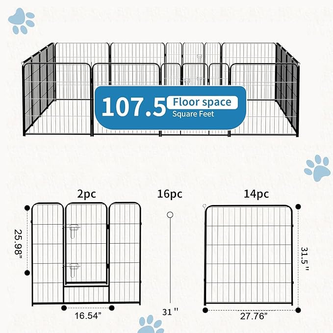 NEWBULIG Dog Playpen 16 Panels 32" Height Foldable Heavy Duty Metal Dog Exercise Playpen Puppy Fence for Indoor Outdoor Yard