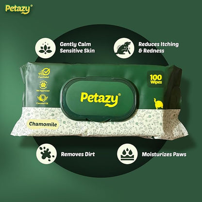 Petazy Dog Wipes for Paws and Butt – 100 Count (8x8in) Hypoallergenic, Deodorizing Pet Wipes for Dogs and Cats | Extra Large, Plant-Based, Chamomile Scented | Travel Size, Single On-the-Go Pack