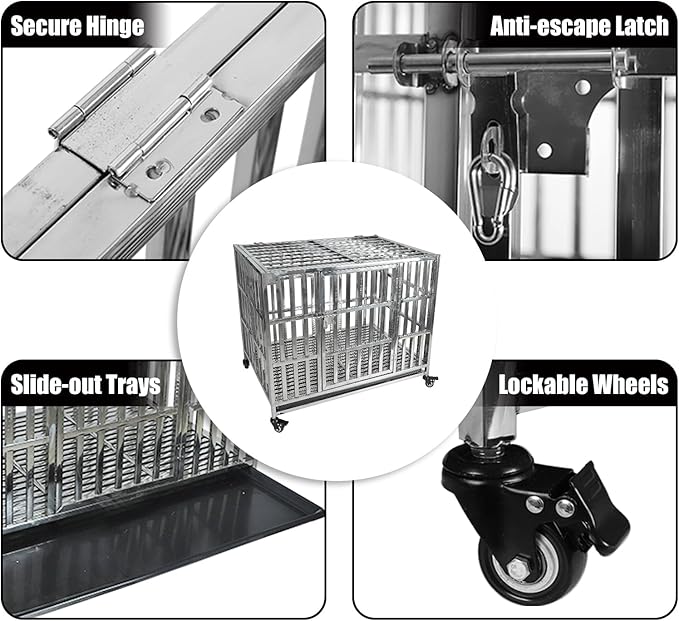 Confote 37/47 Inch Heavy Duty Dog Crate Metal Cage Kennel, High Anxiety Pet Cage with Lockable Wheels & Double Doors for Small Medium Large Dogs (SS-37)