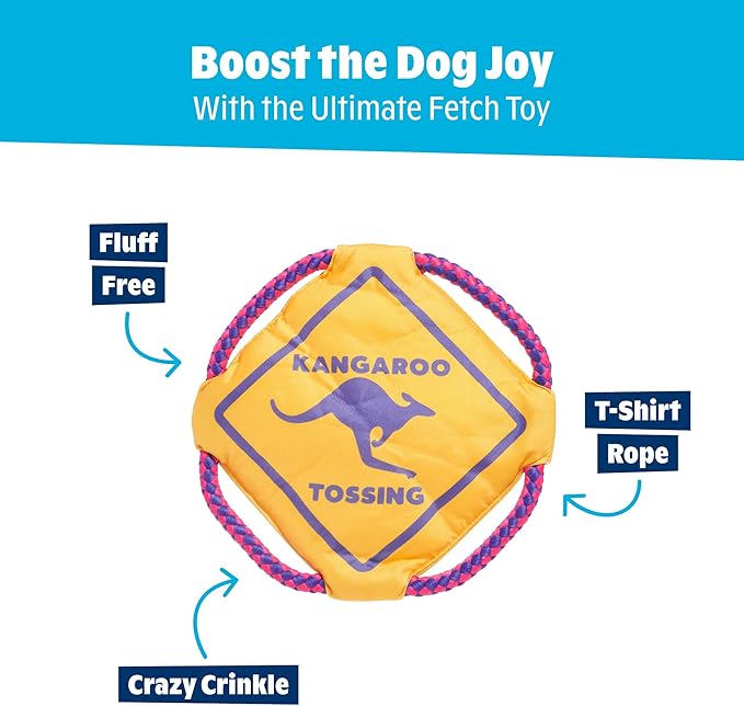 Barkbox Kangaroo Tossing Flying Disc Dog Toy | Fluff-Free Crinkle Disc with T-Shirt Rope Edge | Durable Fetch & Tug Toy for Dogs & Puppies