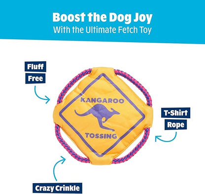 Barkbox Kangaroo Tossing Flying Disc Dog Toy | Fluff-Free Crinkle Disc with T-Shirt Rope Edge | Durable Fetch & Tug Toy for Dogs & Puppies