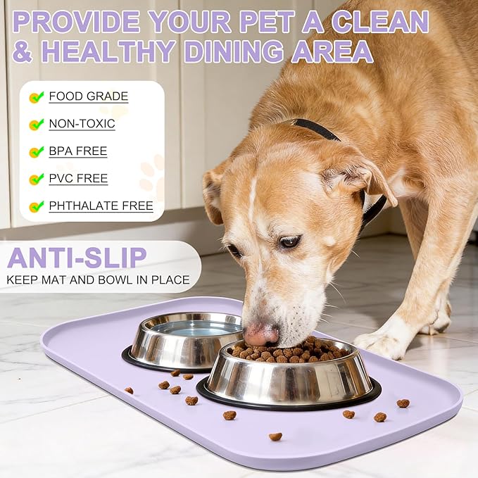 Smilool Silicone Pet Food Mat with Raised Edge for Food and Water Bowl, Dog Feeding Mats, Cat Food Trays for Floor Waterproof, Rubber Tray for Dogs and Cats, 19 x 12 x 0.7 Light Purple