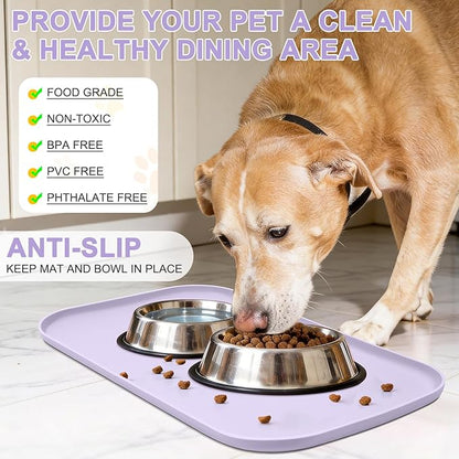 Smilool Silicone Pet Food Mat with Raised Edge for Food and Water Bowl, Dog Feeding Mats, Cat Food Trays for Floor Waterproof, Rubber Tray for Dogs and Cats, 19 x 12 x 0.7 Light Purple