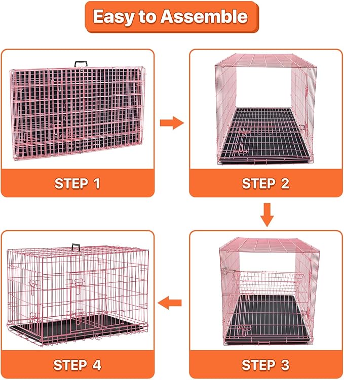 Dog Crate for Large Medium Small Dogs, Folding Dog Kennel Cage with Plastic Tray & Divider 48"/42"/ 36"/ 30"/ 24" Indoor Outdoor Metal Double Door Heavy Duty Dog Pen Enclosure, Pink(48 Inch)