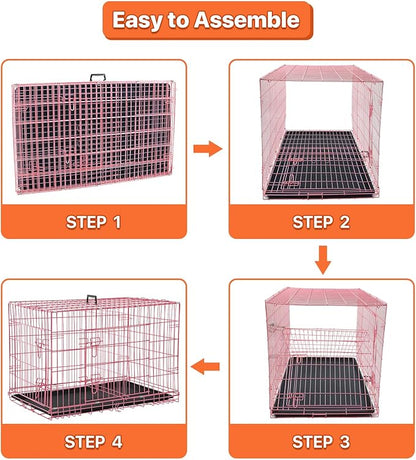 Dog Crate for Large Medium Small Dogs, Folding Dog Kennel Cage with Plastic Tray & Divider 48"/42"/ 36"/ 30"/ 24" Indoor Outdoor Metal Double Door Heavy Duty Dog Pen Enclosure, Pink(48 Inch)