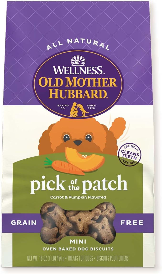 Wellness Old Mother Hubbard Classic Grain Free Pick of the Patch Dog Biscuits, Natural Training Treats, Pumpkin and Carrot Flavor, Mini Size. 16 oz Bag