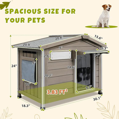 PetsCosset 30.1" L Large Dog House Outdoor & Indoor,Fir Wood Dog Kennel with Weatherproof Openable Asphalt Roof,Spacious Doghouse with Anti-Chewing Metal Edges for Small & Medium & Large Dogs,Grey