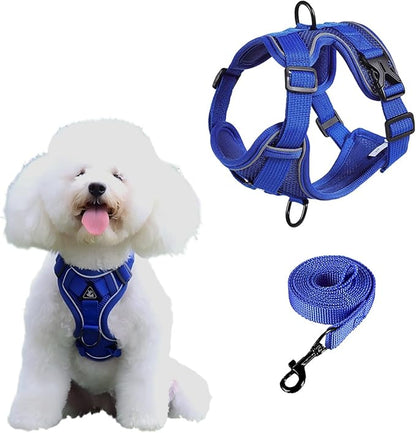 SOLMOONY Small Dog Harness,Soft Mesh Puppy Harness and Leash Set,No Escape Cat Harnesses for Training Walking,Reflective Adjustable Puppy Vest for Small Medium Dogs, Cats (Navy Blue, XL)