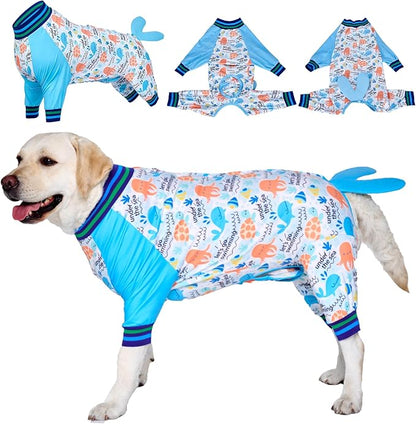 LovinPet Dog Recovery Suit - Medium Large - Dog Bodysuit for Abdominal Wound After Surgery Anti Licking Abdominal Wound Surgical Clothes Post-Operative Vest,Whale,Blue,3XL