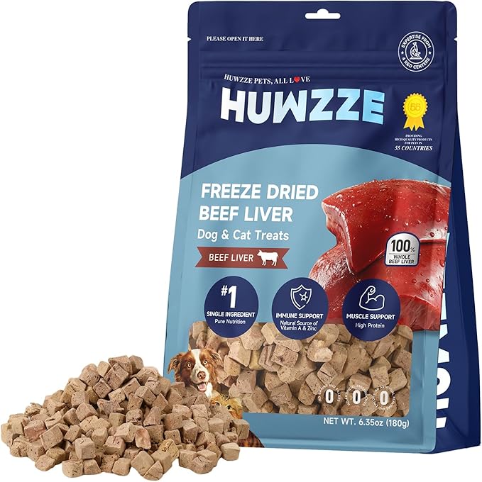 Freeze Dried Beef Liver Treats for Dogs & Cats, Single Ingredient Training Treats, Grain Free Raw Diet Meal Topper, 6.35 oz