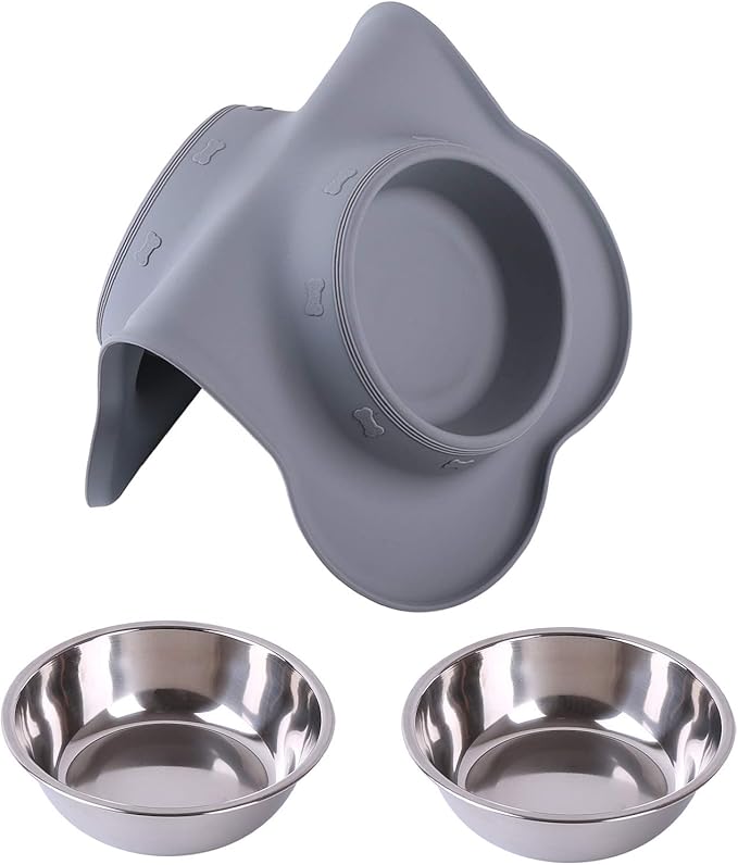 Hubulk Pet Dog Bowls 2 Stainless Steel Dog Bowl with No Spill Non-Skid Silicone Mat + Pet Food Scoop Water and Food Feeder Bowls for Feeding Small Medium Large Dogs Cats Puppies (Medium, Gray)