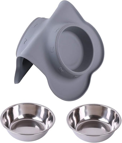 Hubulk Pet Dog Bowls 2 Stainless Steel Dog Bowl with No Spill Non-Skid Silicone Mat + Pet Food Scoop Water and Food Feeder Bowls for Feeding Small Medium Large Dogs Cats Puppies (Medium, Gray)