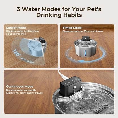 Wireless Stainless Steel Pet Water Fountain, 3.2L/108oz Automatic Cordless Water Dispenser with 3 Smart Modes, Ultra Quiet Pump, Rechargeable Battery, Multi-Filtration for Cats & Dogs